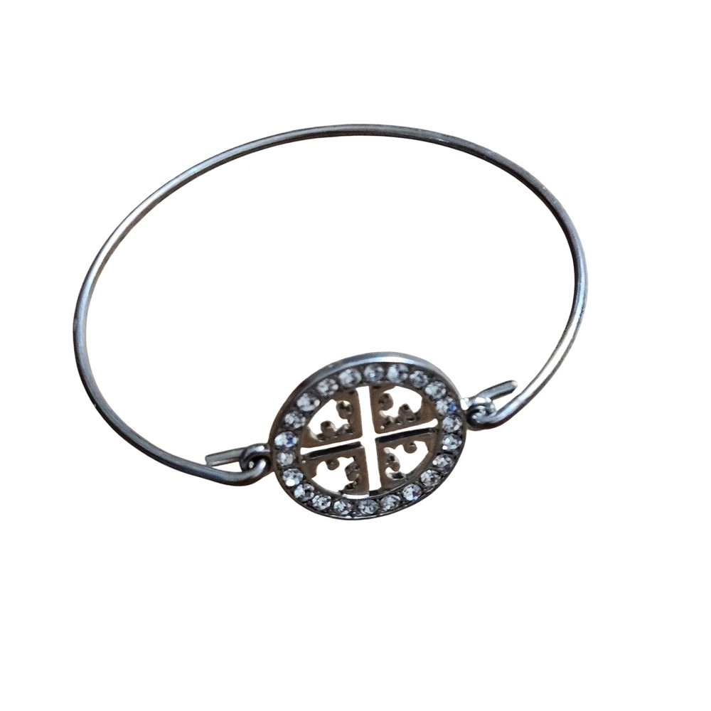 Vintage Tory Burch Silver Tone Crystal Rhinestone Logo Bangle Bracelet Prep Y2K